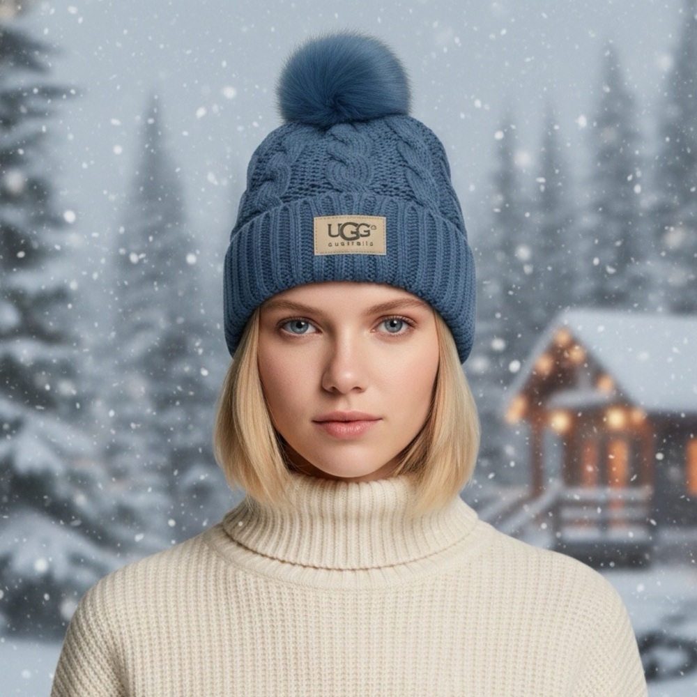 UGG Australia Cable Knit Blue Beanie With Faux Fur Pom-Pom Fleece Lining Logo